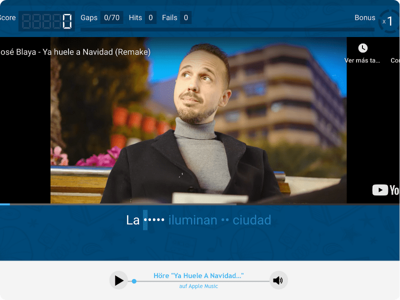 Interactive Spanish learning game Lyricstraining featuring song lyrics